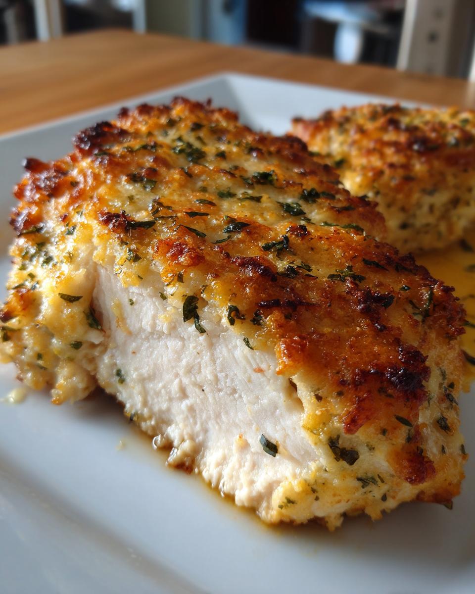 Close-up of a perfectly cooked Garlic parmesan chicken bake, showing the white interior and golden, herbed crust.