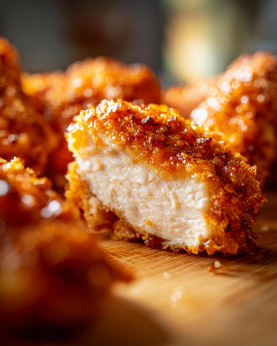 Close-up of a piece of juicy Garlic parmesan chicken bake, showing the crispy golden crust and tender white interior.