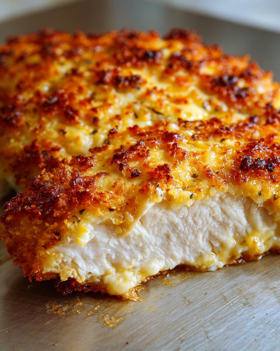 Close-up of a slice of Garlic Parmesan Chicken Bake showing moist white meat and a golden, crispy parmesan crust.