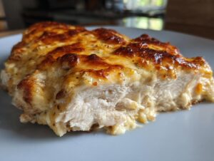 Close-up of a slice of Garlic Parmesan Chicken Bake showing juicy white meat and a browned, cheesy topping.