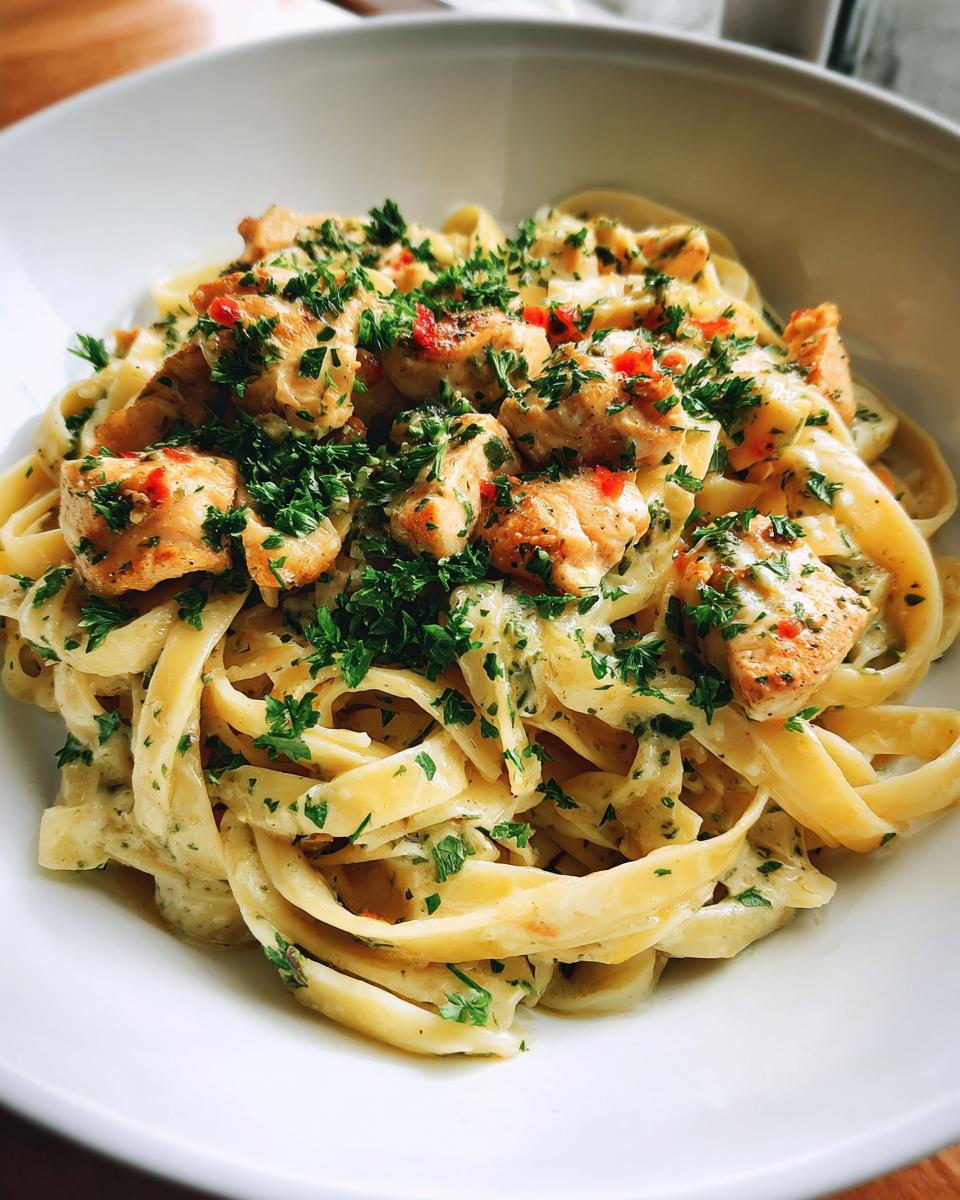 A close-up of Garlic Parmesan chicken pasta, featuring fettuccine noodles coated in creamy sauce, topped with seasoned chicken pieces and fresh parsley.