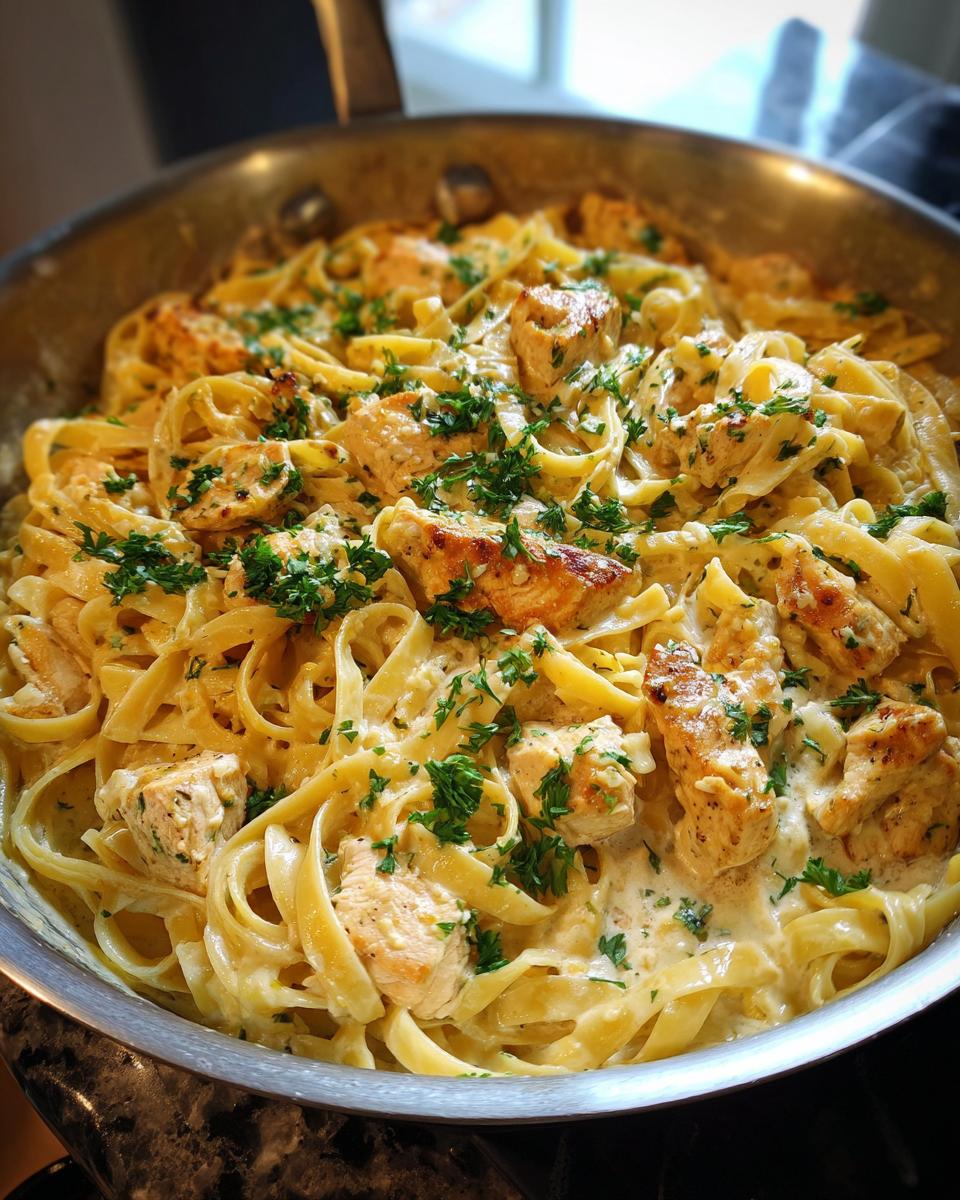 A close-up of Garlic Parmesan Chicken Pasta in a skillet, garnished with fresh parsley.