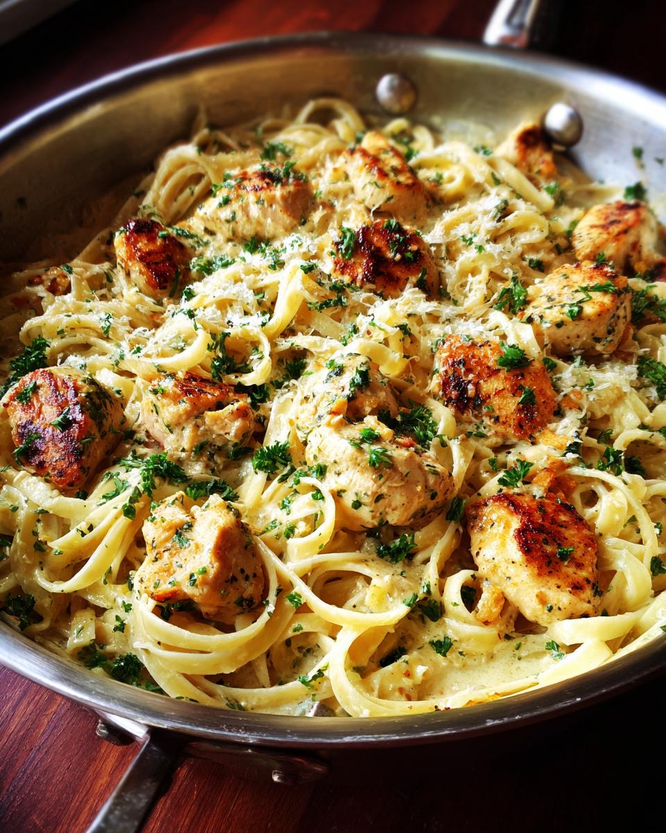 Close-up of Garlic Parmesan Chicken Pasta in a skillet, topped with parsley and grated cheese.