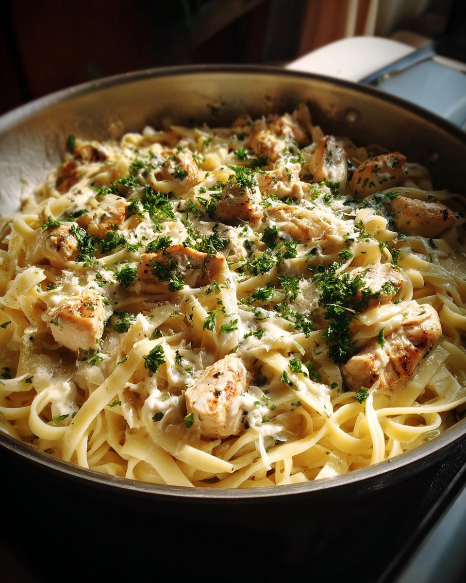 A close-up of Garlic Parmesan Chicken Pasta in a skillet, topped with fresh parsley and grated cheese.