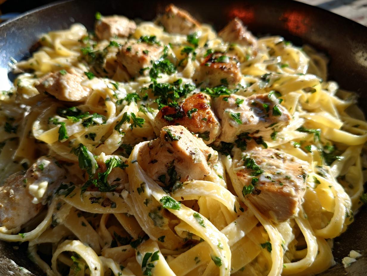 Close-up of a creamy Garlic Parmesan chicken pasta dish with tender chicken pieces and fresh parsley.