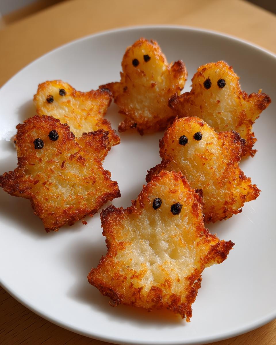 Five golden-brown, ghost-shaped haunted hash browns with small black eyes served on a white plate.