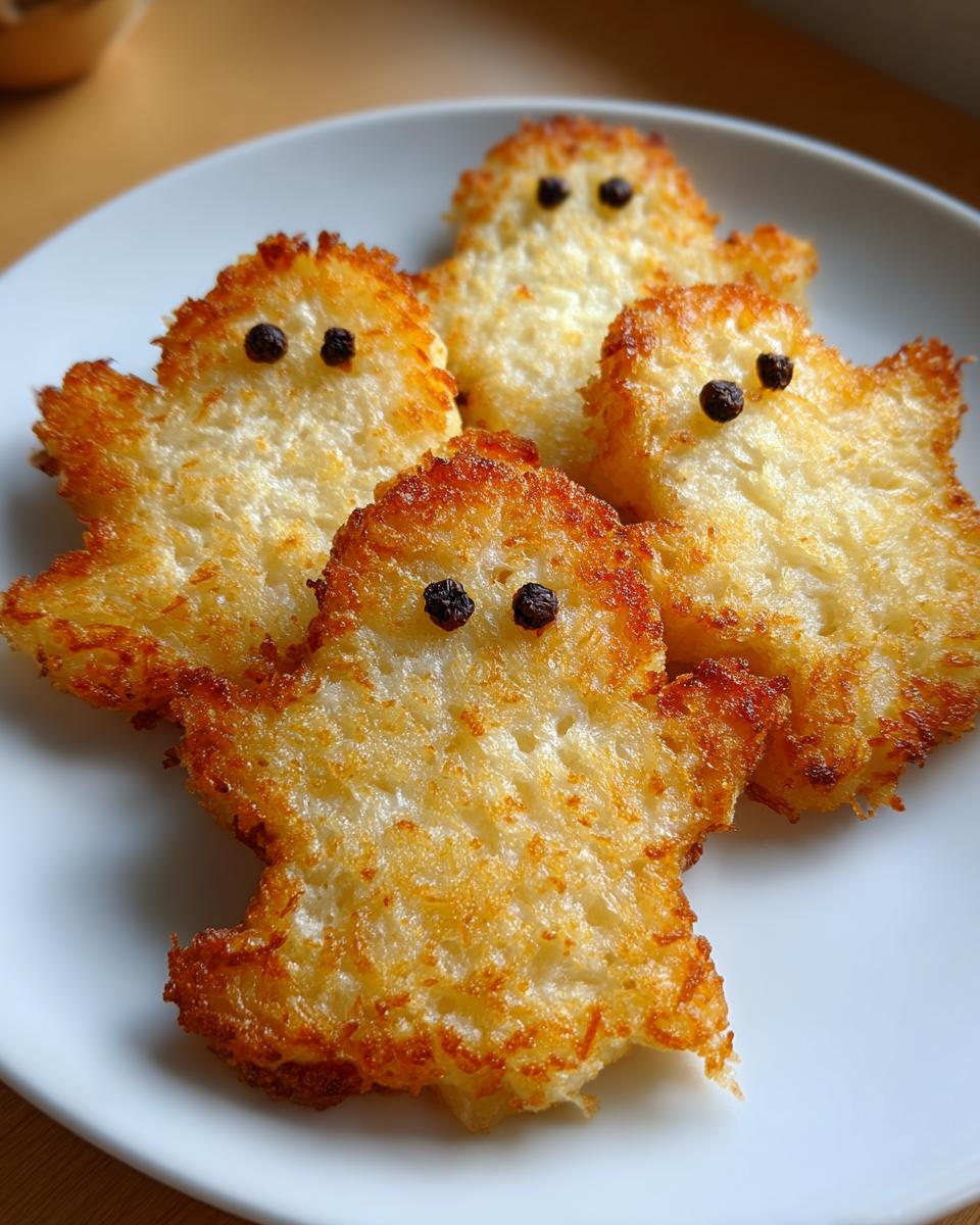 Four crispy, golden-brown ghost-shaped haunted hash browns decorated with black peppercorn eyes on a white plate.