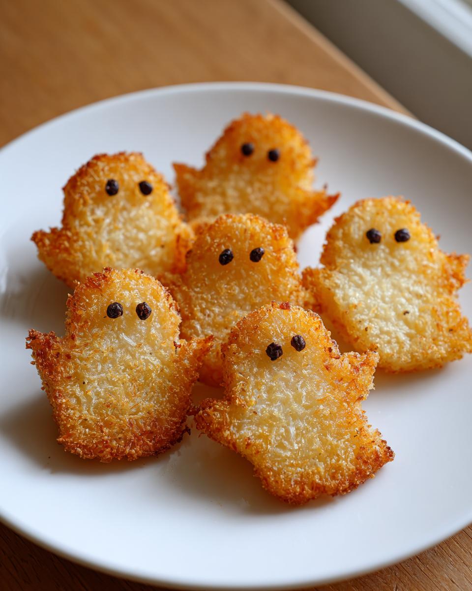 Six golden brown, crispy, ghost-shaped haunted hash browns with small black eyes arranged on a white plate.