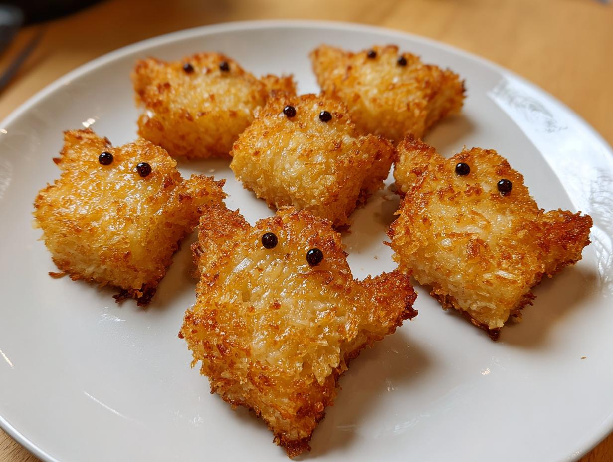 Five golden-brown, crispy, ghost-shaped haunted hash browns decorated with two small black eyes on a white plate.