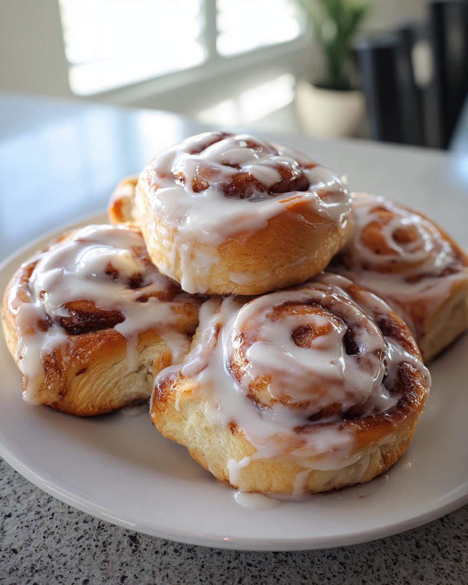 A stack of four freshly baked cinnamon roll cookies generously topped with white icing.