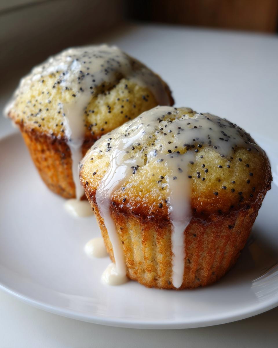 Two golden Lemon poppy seed muffins topped with a thick, white lemon glaze and visible poppy seeds.