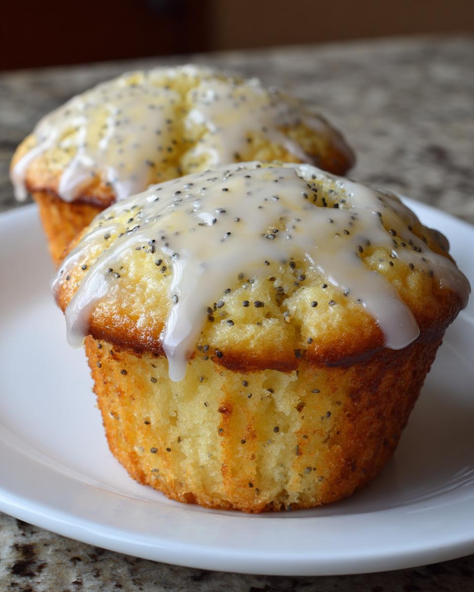 Two freshly baked lemon poppy seed muffins topped with a thick, white glaze and visible poppy seeds.