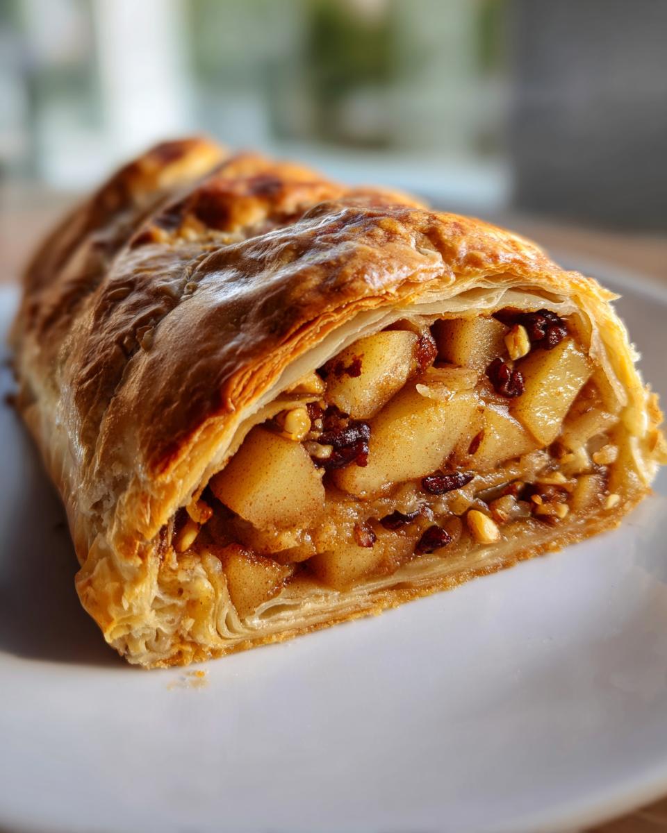 Close-up of a freshly baked apple strudel slice showing flaky pastry and a filling of spiced apples, raisins, and nuts.