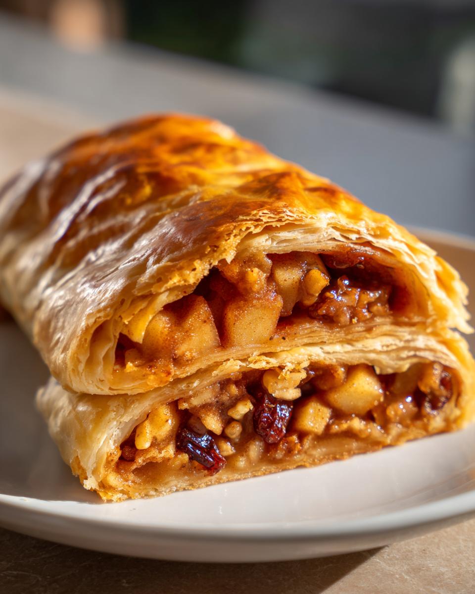 Two stacked slices of golden baked apple strudel showing flaky pastry and cinnamon apple filling.