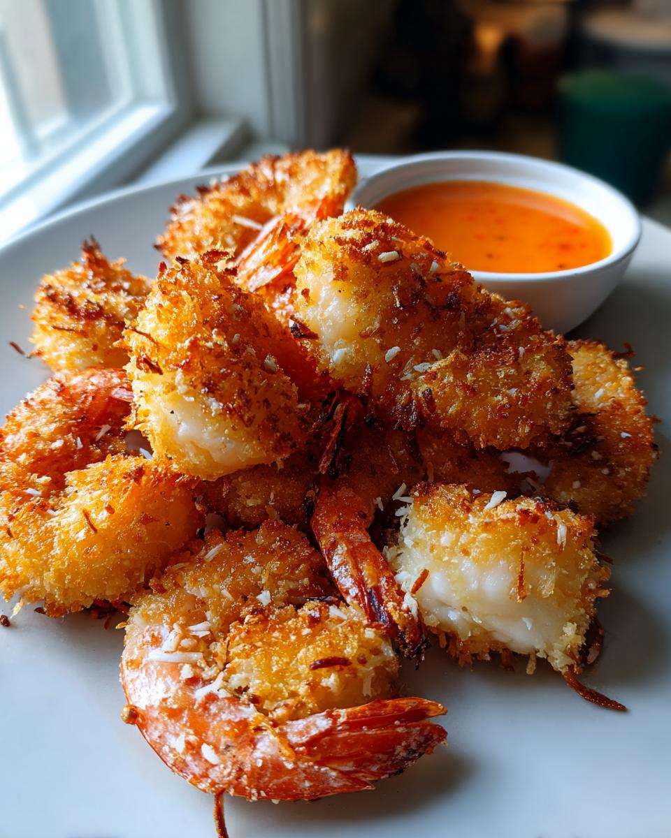 A plate of crispy, golden brown coconut shrimp served with a small bowl of orange dipping sauce.