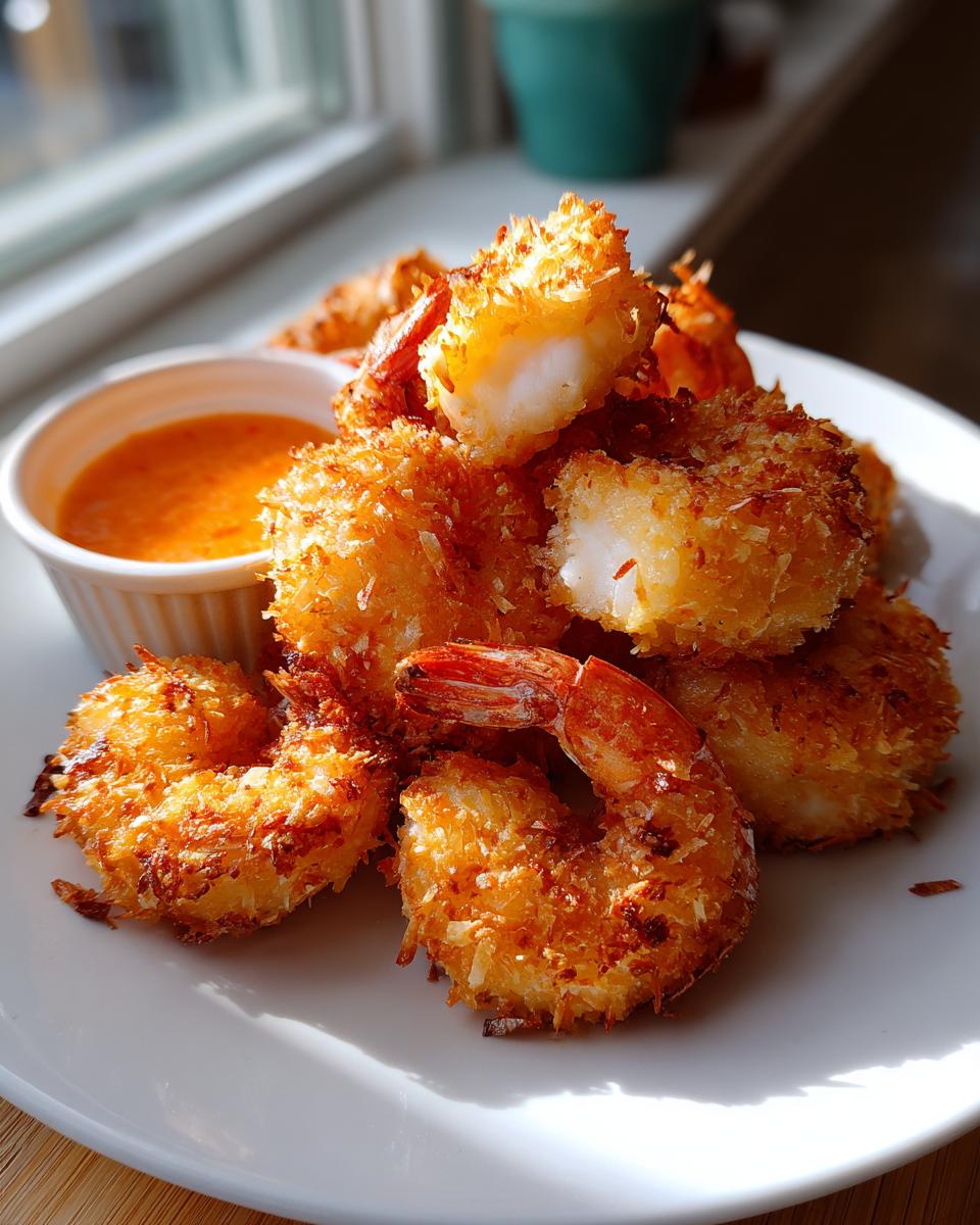 A pile of crispy, golden brown coconut shrimp served on a white plate next to a small cup of orange dipping sauce.