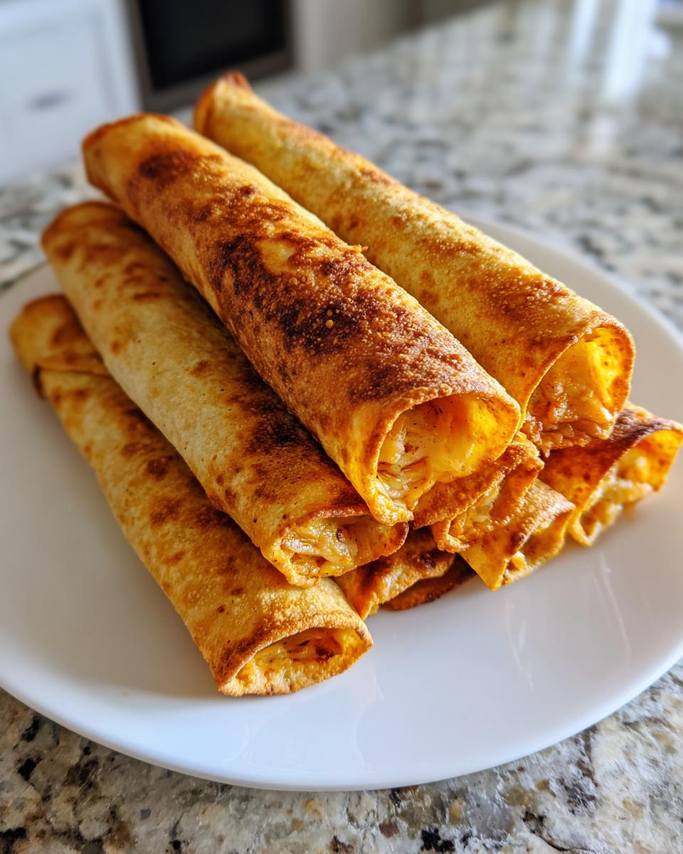 A stack of golden brown, crispy cream cheese chicken taquitos served on a white plate.