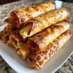 A stack of golden brown, crispy cream cheese chicken taquitos piled high on a white square plate.