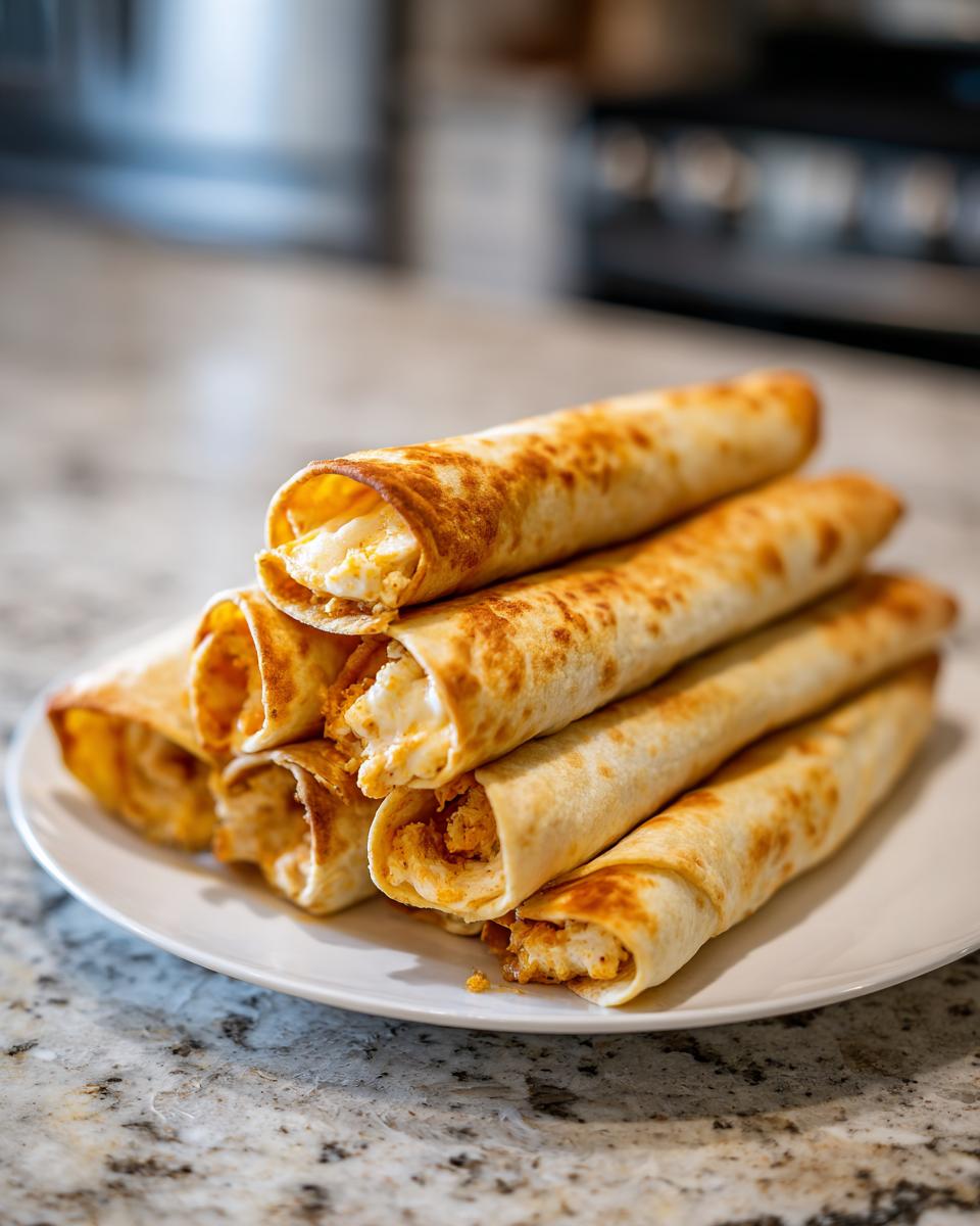 A stack of golden, baked cream cheese chicken taquitos piled high on a white plate.
