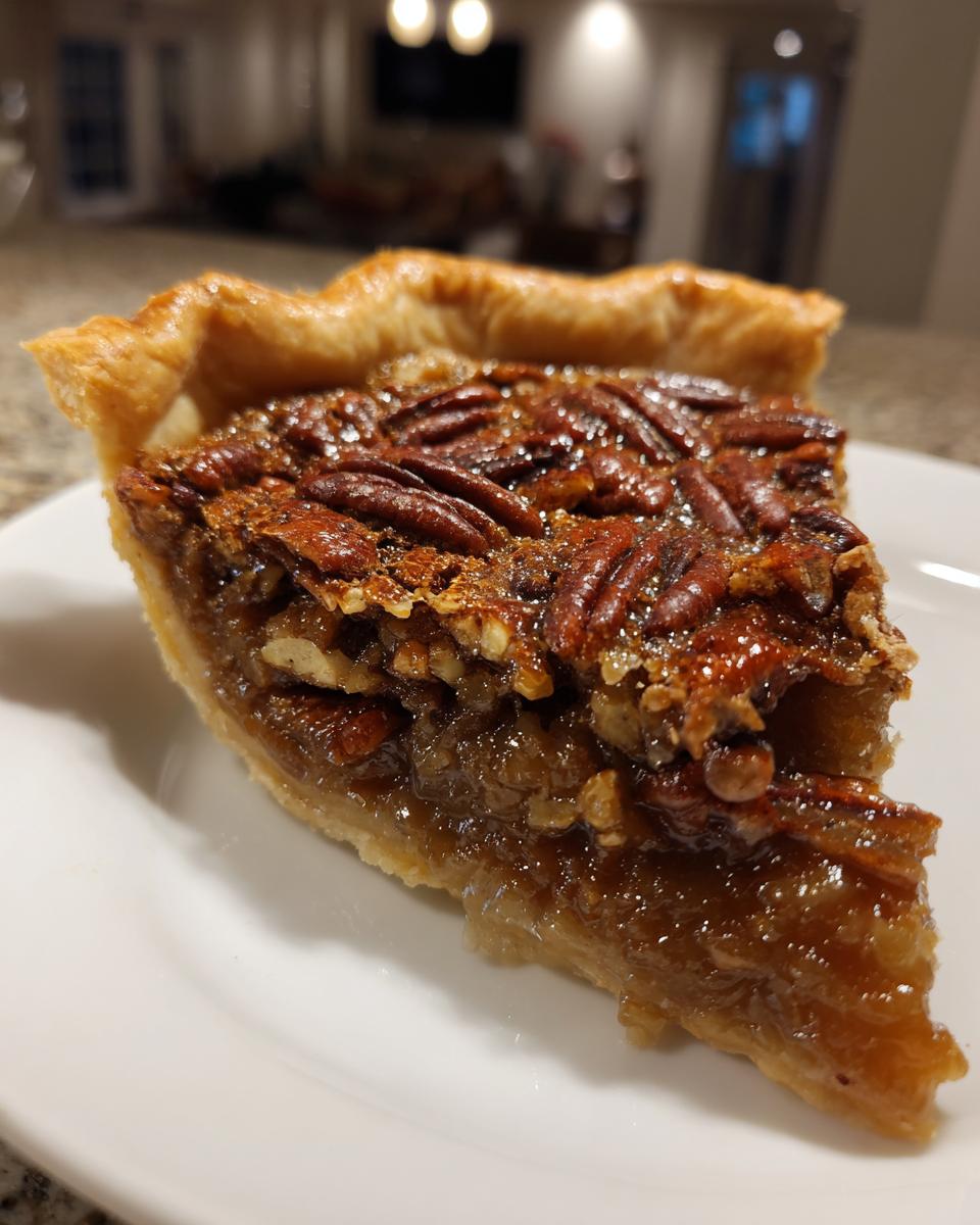 A close-up of a thick, gooey slice of Southern pecan pie with a flaky crust and glossy topping.