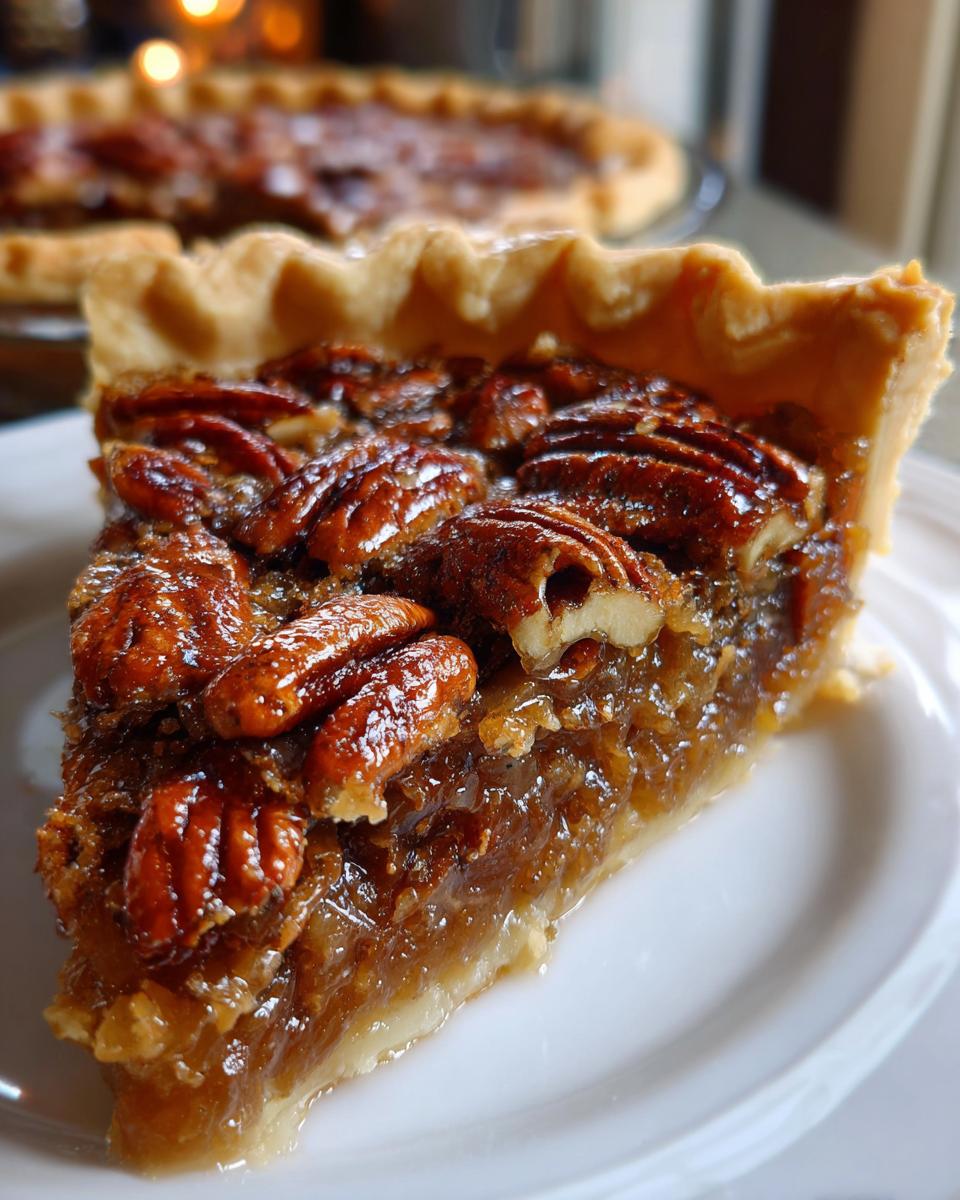 A close-up of a gooey slice of Southern pecan pie on a white plate, topped with glossy pecans.