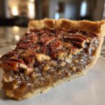 Close-up of a gooey slice of Southern pecan pie showing the rich filling and whole pecans on top.