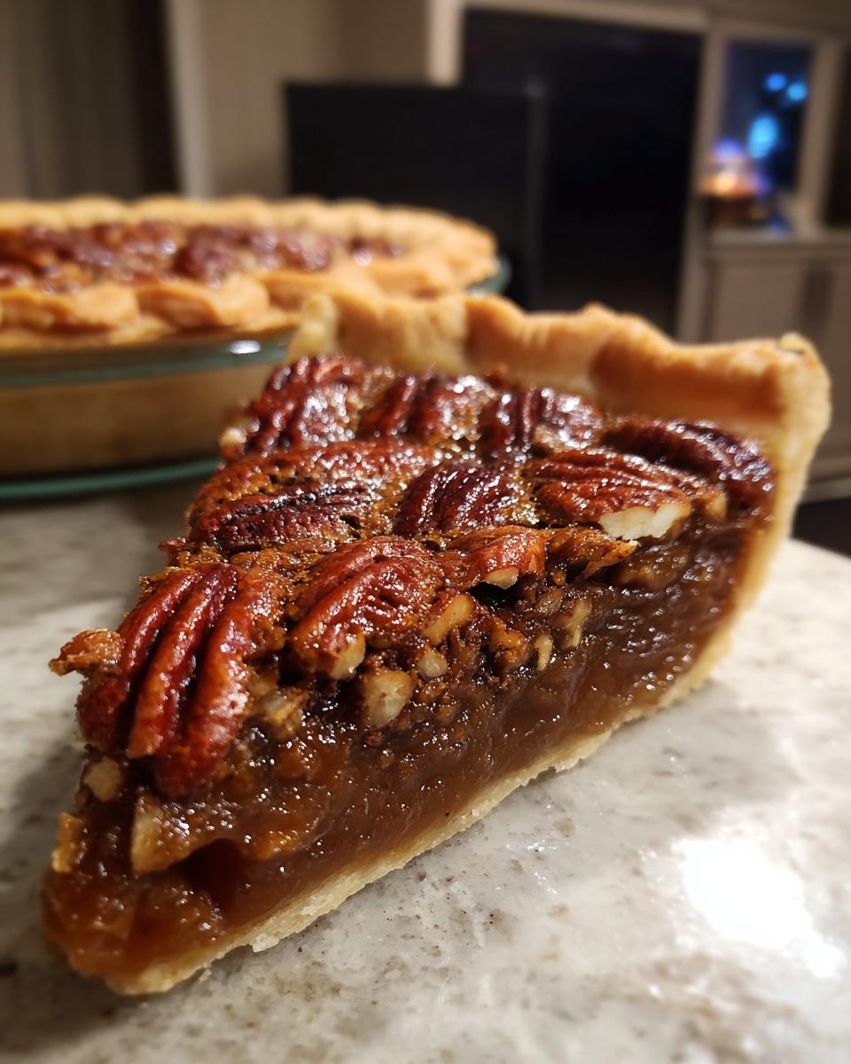 Close-up of a gooey slice of Southern pecan pie showing the rich filling and whole pecans on top.