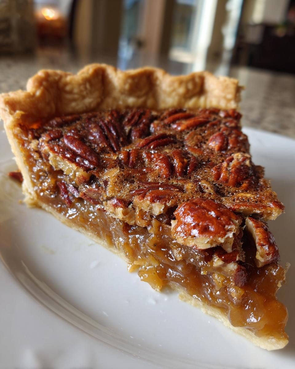 A close-up of a gooey slice of Southern pecan pie showing the rich filling and pecan topping.