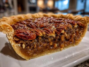 Close-up of a slice of Southern pecan pie showing the gooey filling and perfectly arranged pecans.