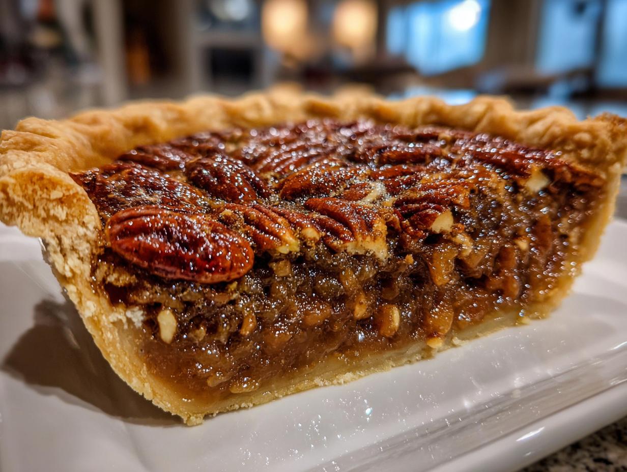 Close-up of a slice of Southern pecan pie showing the gooey filling and perfectly arranged pecans.