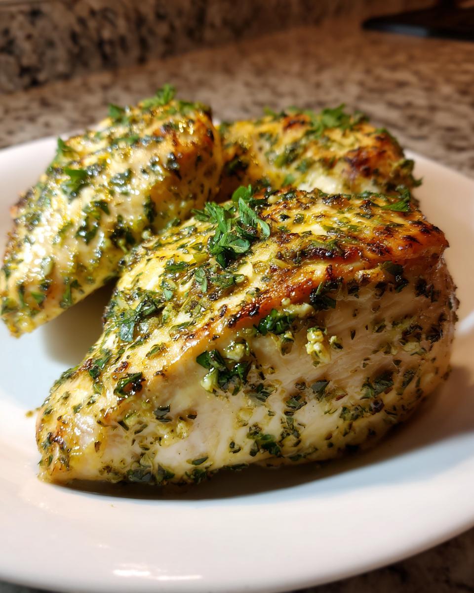 Three perfectly cooked pieces of Greek chicken breasts coated in a bright green herb marinade and garnish.