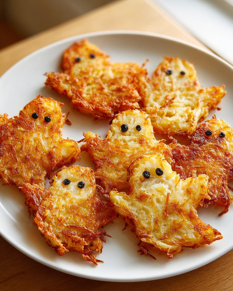 Six crispy, golden-brown haunted hash browns shaped like little ghosts with black olive eyes, served on a white plate.