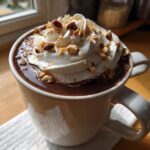Close-up of a mug filled with rich Hazelnut hot chocolate topped with whipped cream and chopped hazelnuts.