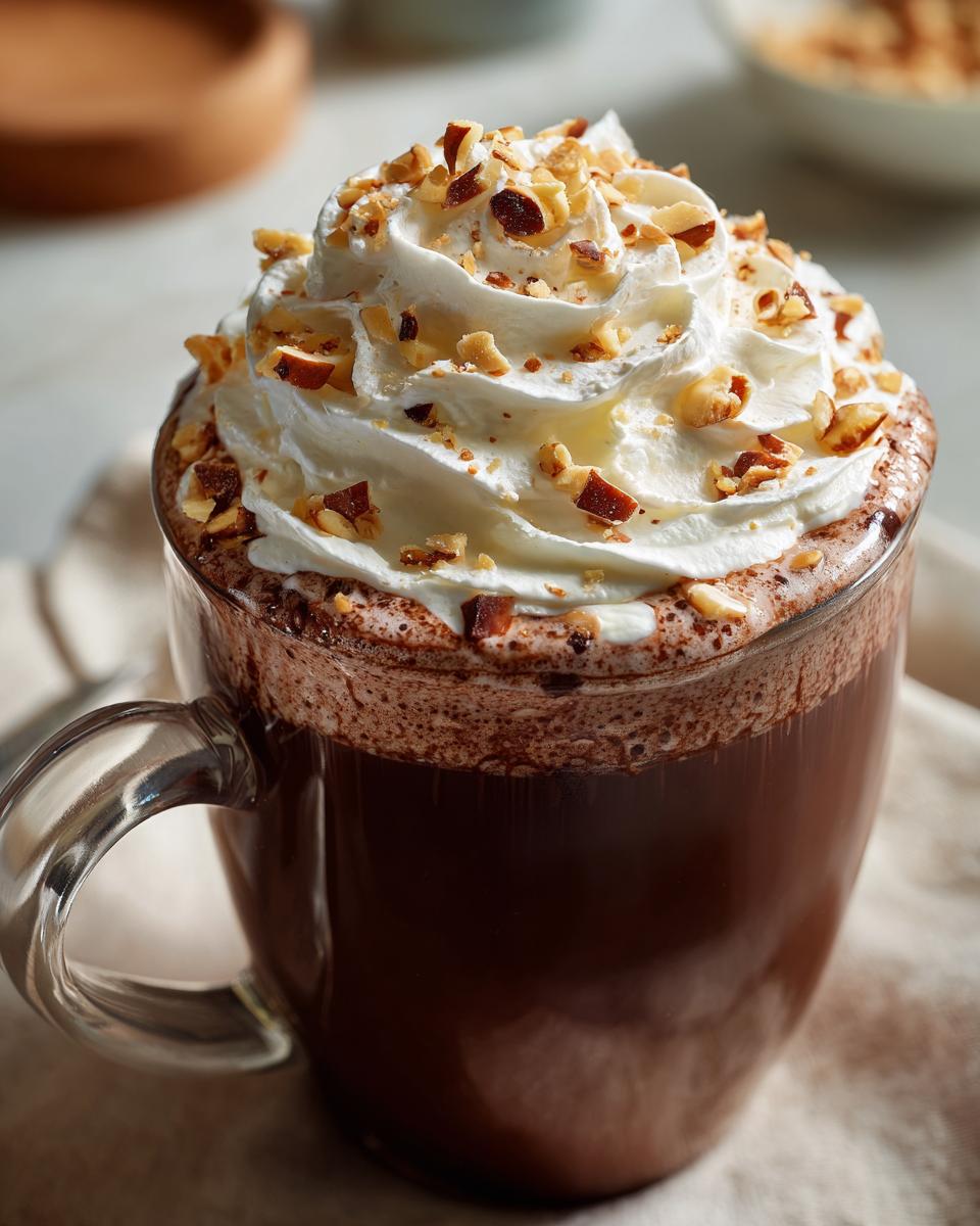 Close-up of rich Hazelnut hot chocolate topped with whipped cream and chopped hazelnuts.