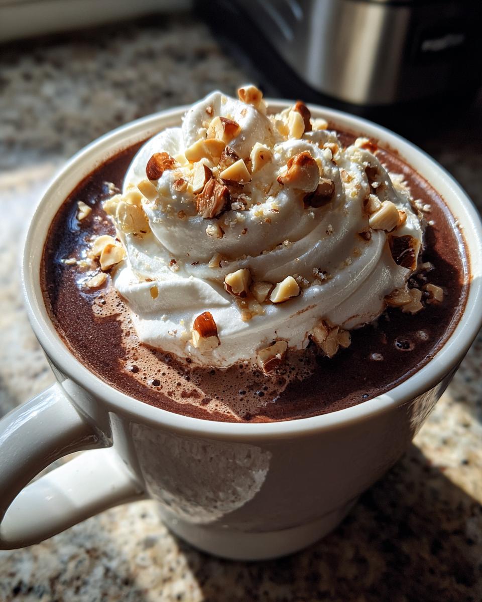A close-up of a mug filled with rich Hazelnut hot chocolate, topped with whipped cream and chopped hazelnuts.