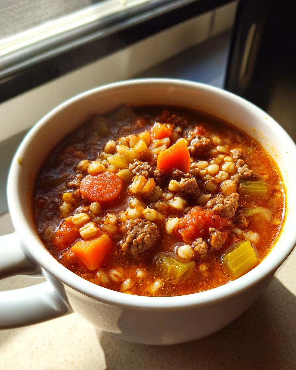 Close-up of a white mug filled with rich beef barley soup, showing ground beef, carrots, celery, and barley.