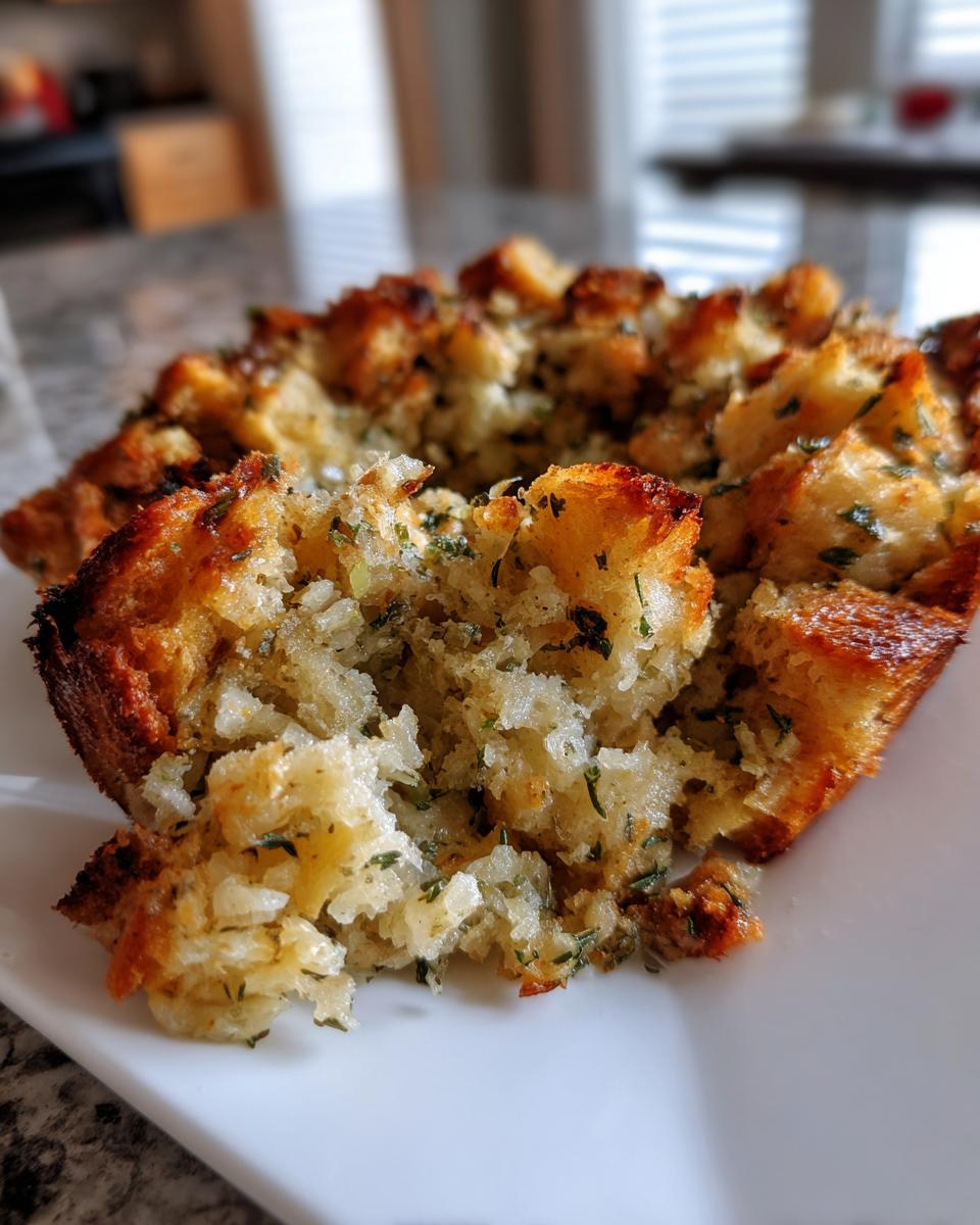 A close-up, pulled-apart section of savory herb stuffing showing crispy edges and moist interior.