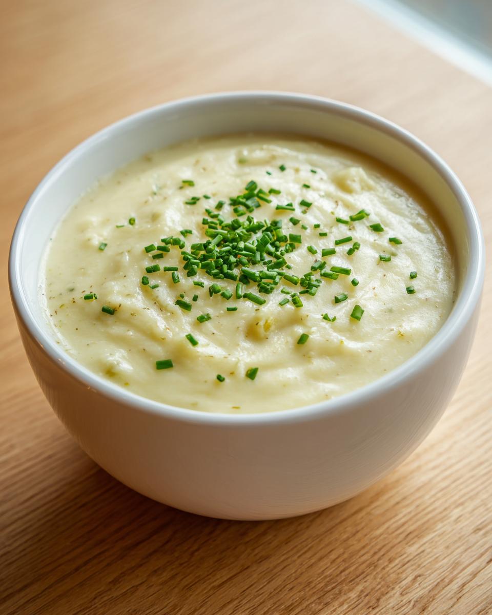 A close-up of a bowl of thick, creamy high protein cream of potato soup topped with fresh green chives.