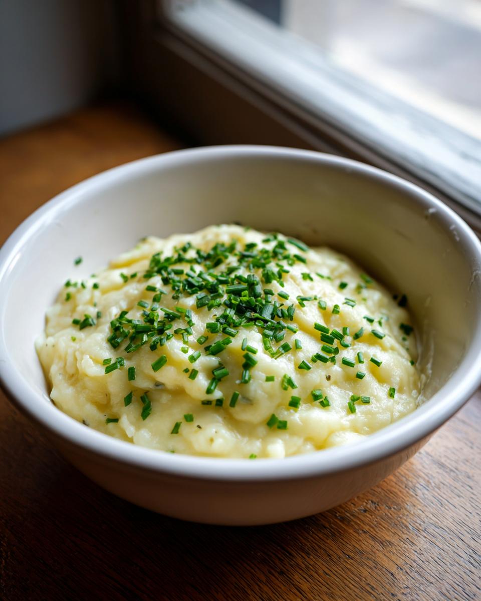 A close-up of creamy high protein cream of potato soup served in a white bowl and topped generously with fresh chopped chives.