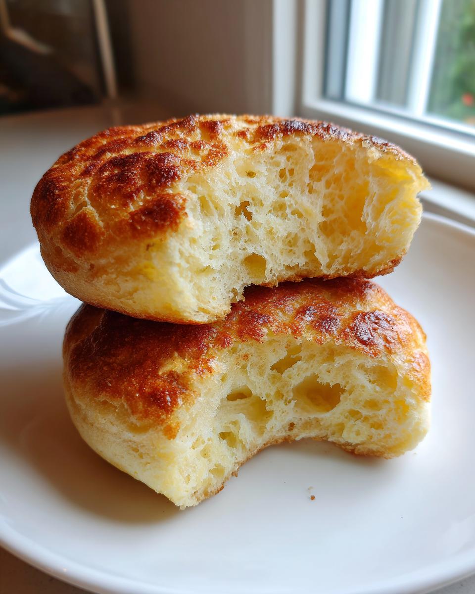 Two halves of a homemade English muffin stacked, showing the signature open, airy crumb structure inside.