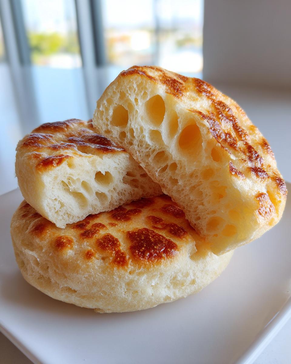 Close-up of homemade English muffins, one split open revealing large, airy nooks and crannies.