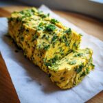 A log of bright yellow homemade garlic butter generously mixed with chopped green herbs, partially sliced.