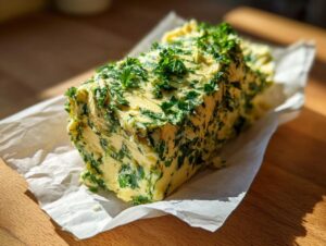 A log of homemade garlic butter, richly flavored and studded with chopped green herbs, resting on parchment paper.