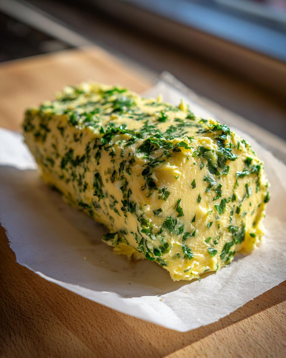 A log of homemade garlic butter mixed with finely chopped green herbs, resting on parchment paper.
