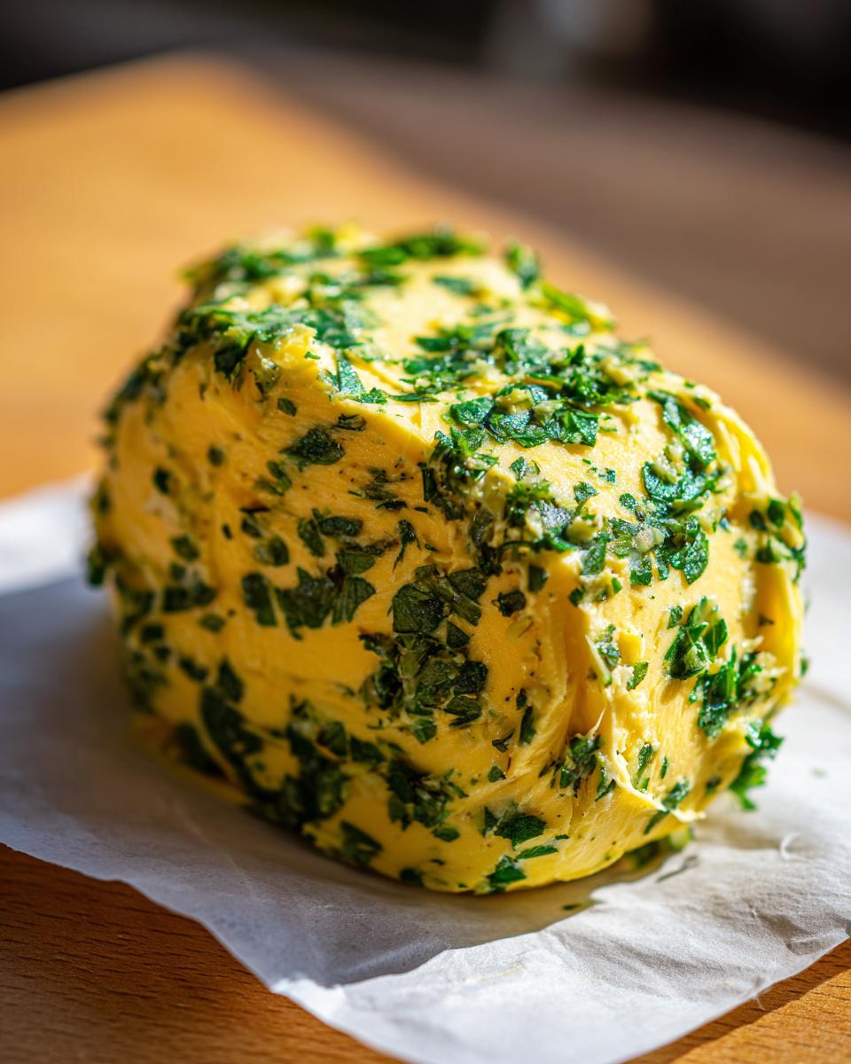 A rich yellow log of homemade garlic butter coated generously with chopped green herbs.