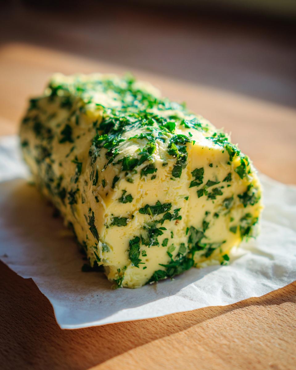 A log of homemade garlic butter mixed with bright green chopped herbs resting on parchment paper.