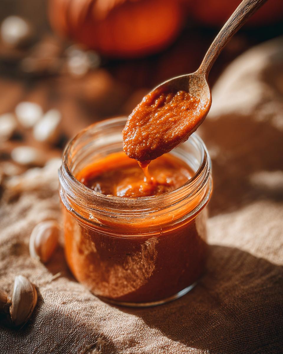 A spoonful of rich, homemade pumpkin butter being lifted from a glass jar, with pumpkins in the background.