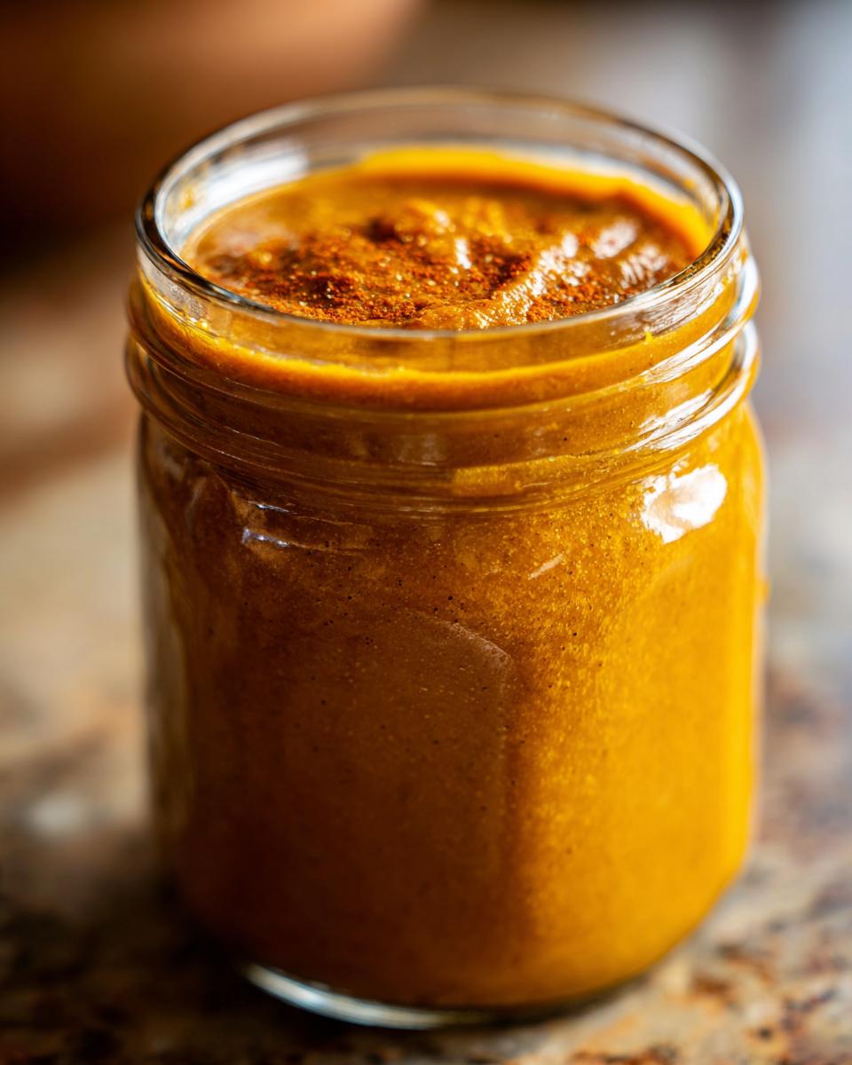 Close-up of a glass jar filled with rich, golden pumpkin butter, dusted with cinnamon on top.