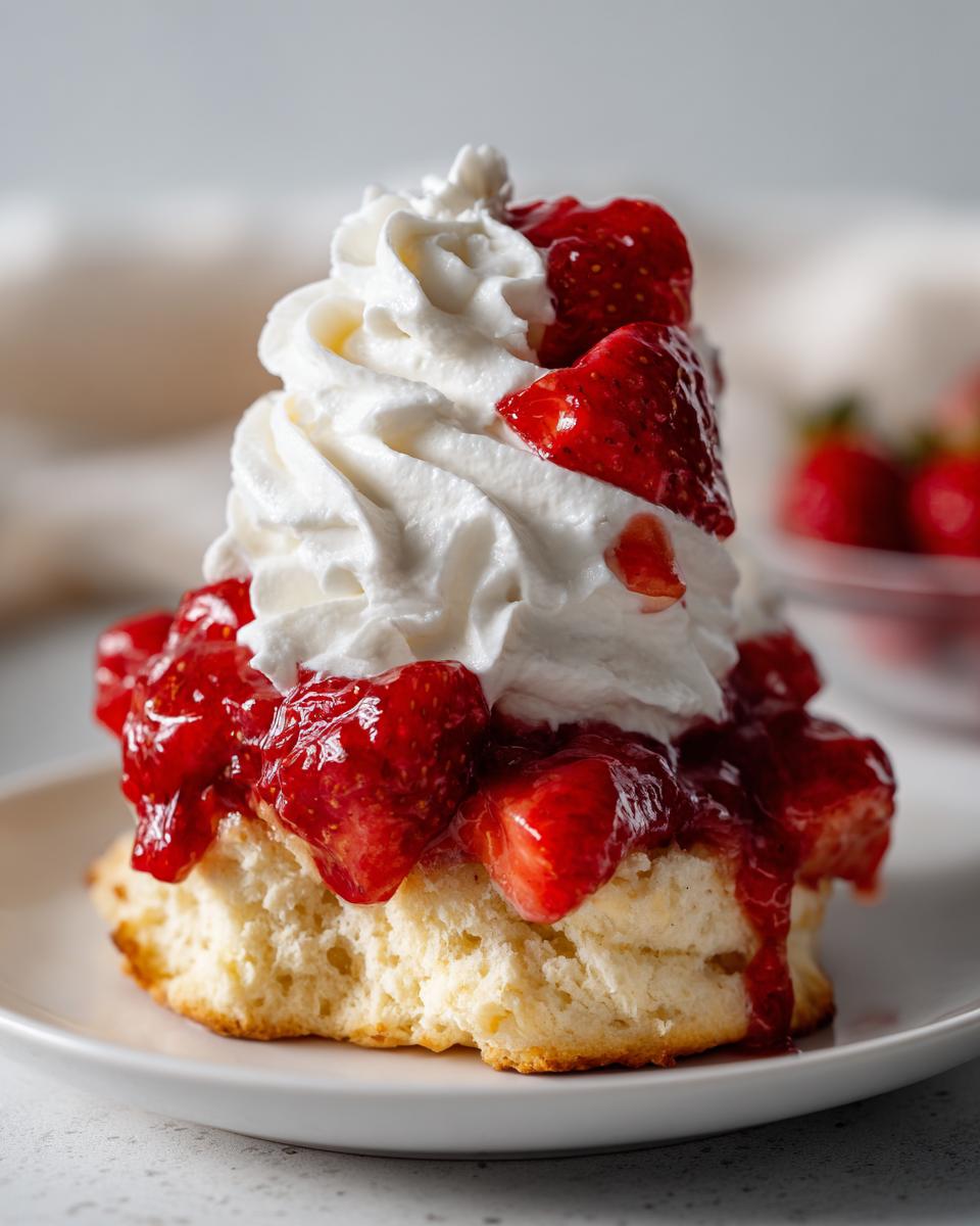 A close-up of a fluffy biscuit topped with macerated strawberries and a generous swirl of whipped cream, a perfect shortcake.