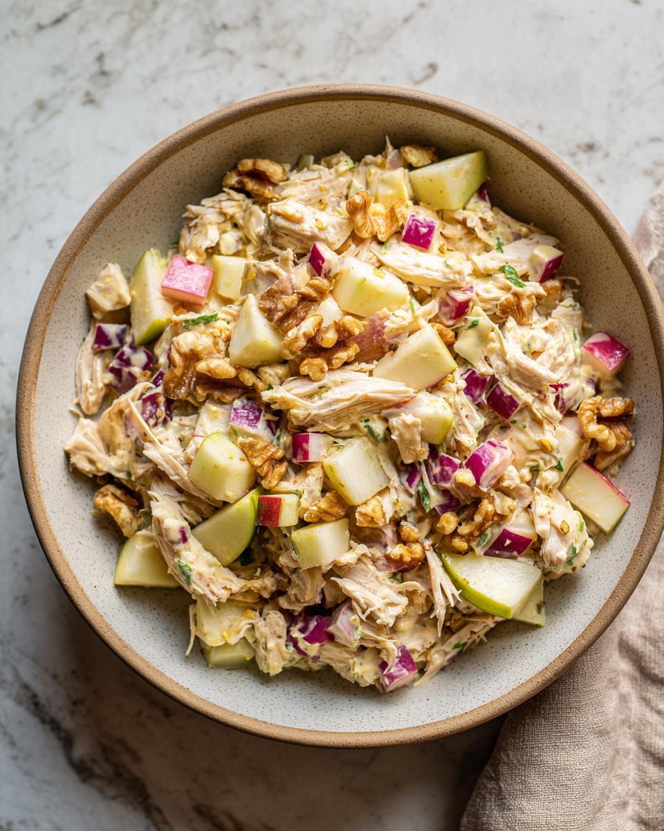 A bowl of delicious honey mustard chicken salad with chunks of apple, red onion, and walnuts.